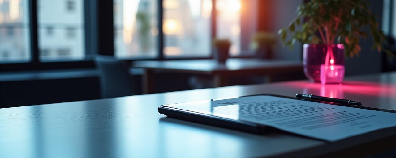 Modern workspace desk with legal documents and professional lighting